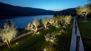 A lakeside walkway with trees illuminated by lights, a clear view of the lake, and a distant mountain range.