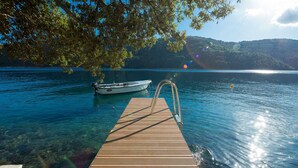 A wooden dock extending into clear blue water with a boat moored at the end.