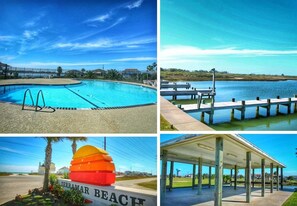 A swimming pool, a dock over water, a colorful beach sign, and a covered pavilion.