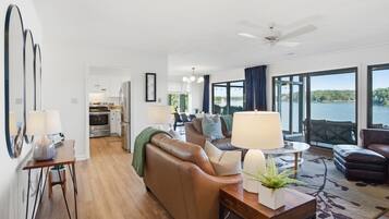 Smart TV, fireplace, video games, DVD player