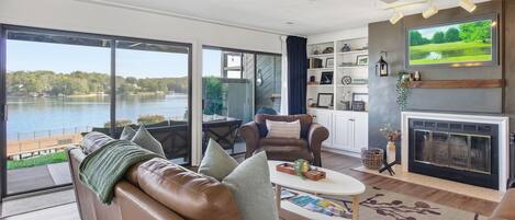 Smart TV, fireplace, video games, DVD player