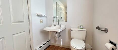 A bathroom with a white sink, toilet, and a mirror above the sink.