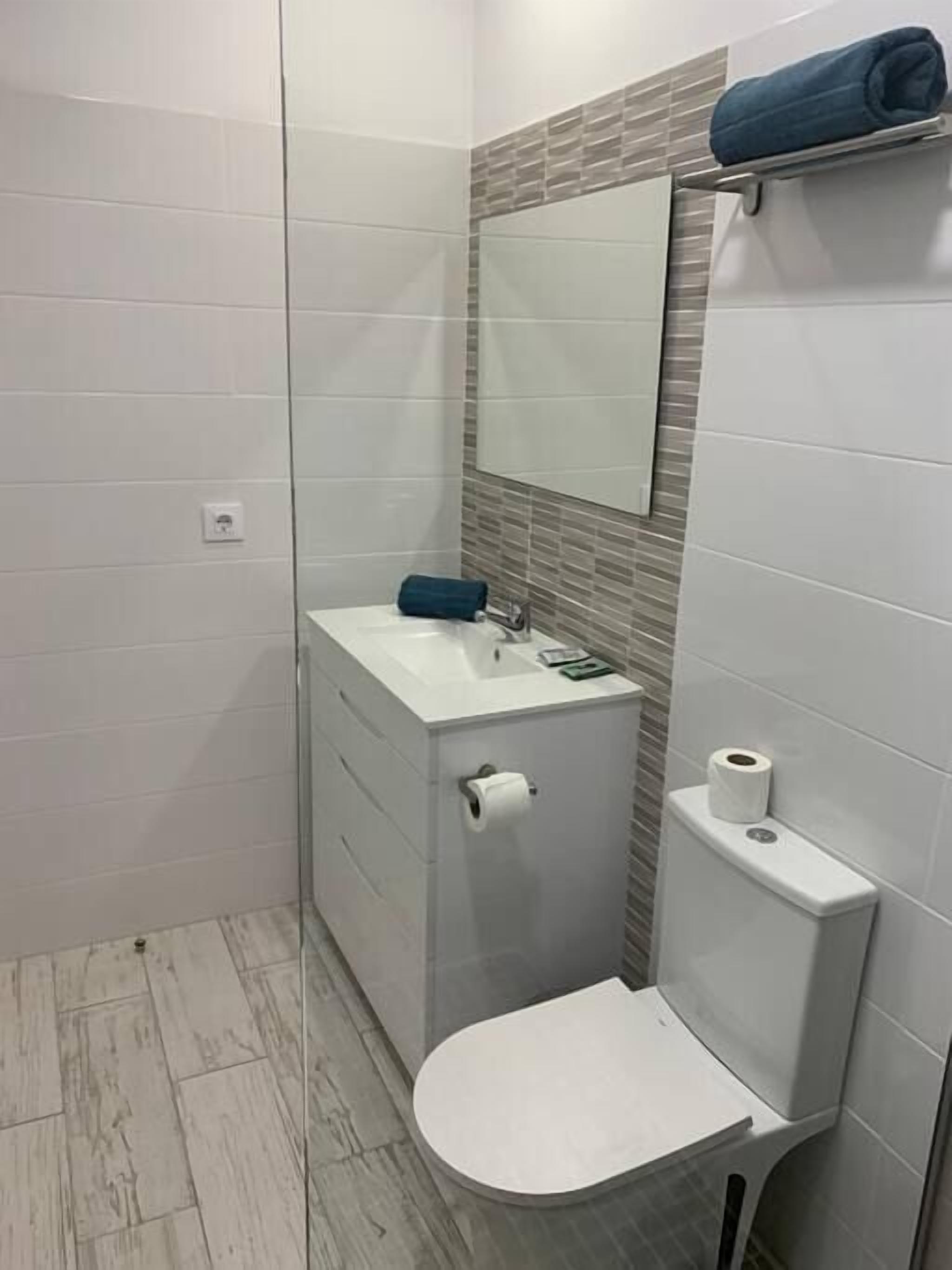 Un baño pequeño con un lavabo blanco, un espejo y un inodoro.