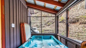 A hot tub with a view of a wooded area through large windows. - Fishin' Bear - Enjoy Spring and Summer in the Smokies! (Sevierville)