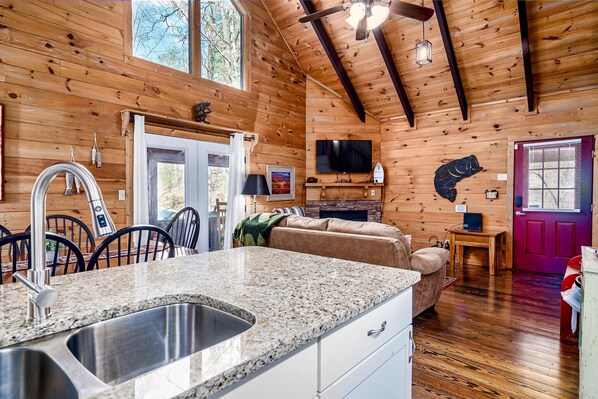 TV, fireplace, DVD player, books