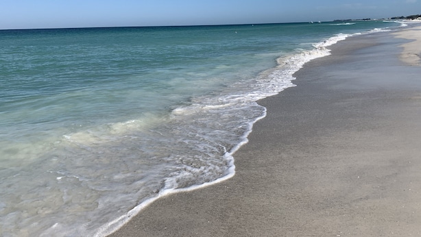 Ein Strand mit klarem Wasser und einem sandigen Ufer.
