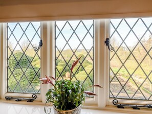 A window with a view of a garden through a diamond-patterned grille.