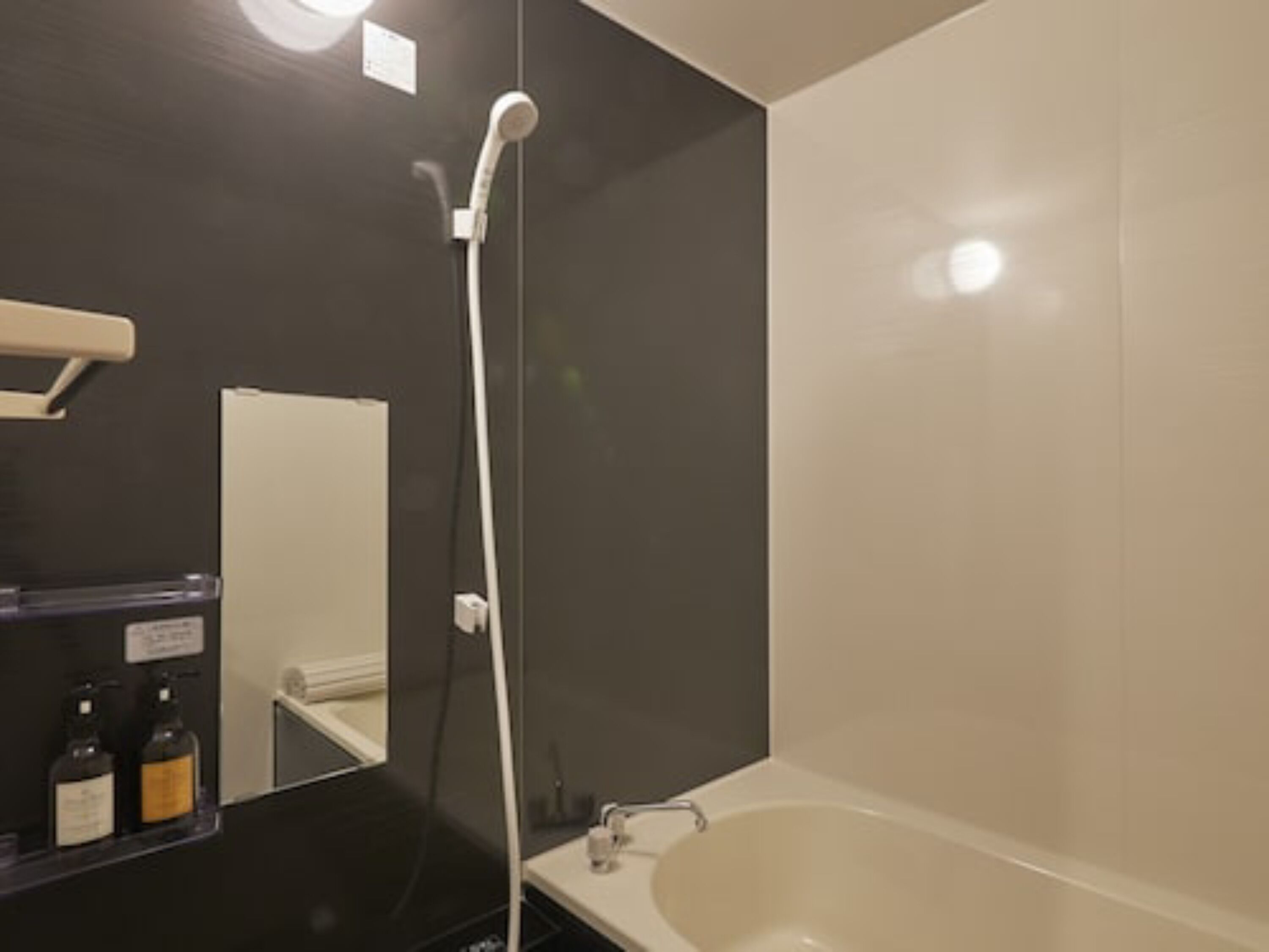 A modern bathroom with a bathtub, a shower, and a mirror.