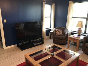 Smart TV, DVD player, books, music library