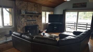 TV connectée, cheminée, lecteur de DVD, livres