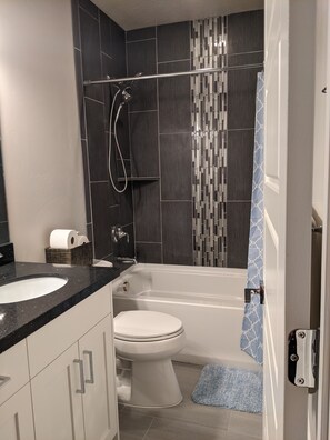 Combined shower/bathtub, hair dryer, towels, toilet paper