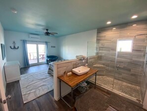 Shower, towels, soap, shampoo