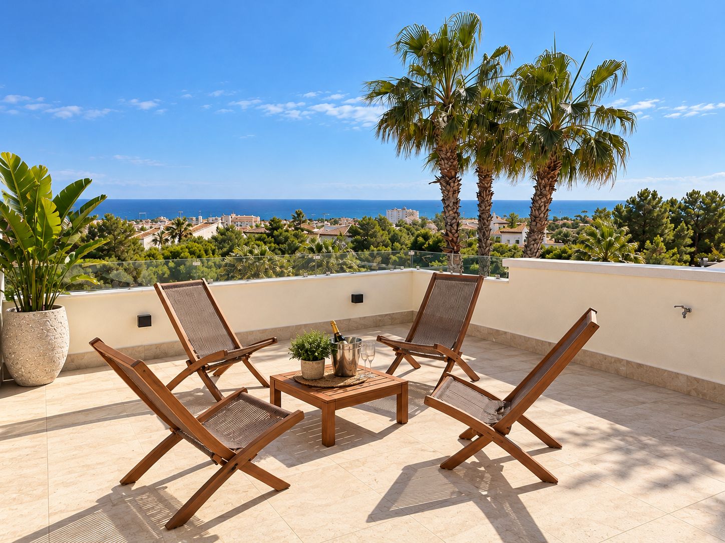 Une terrasse sur le toit, avec quatre fauteuils de jardin en bois, une petite table et un pot de fleurs.