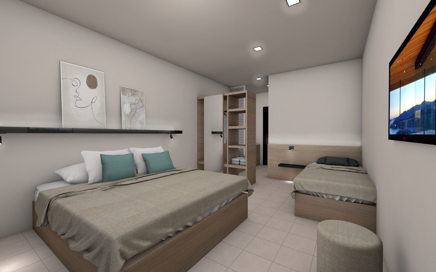 Une chambre moderne avec un grand lit, un lit plus petit et une armoire intégrée.