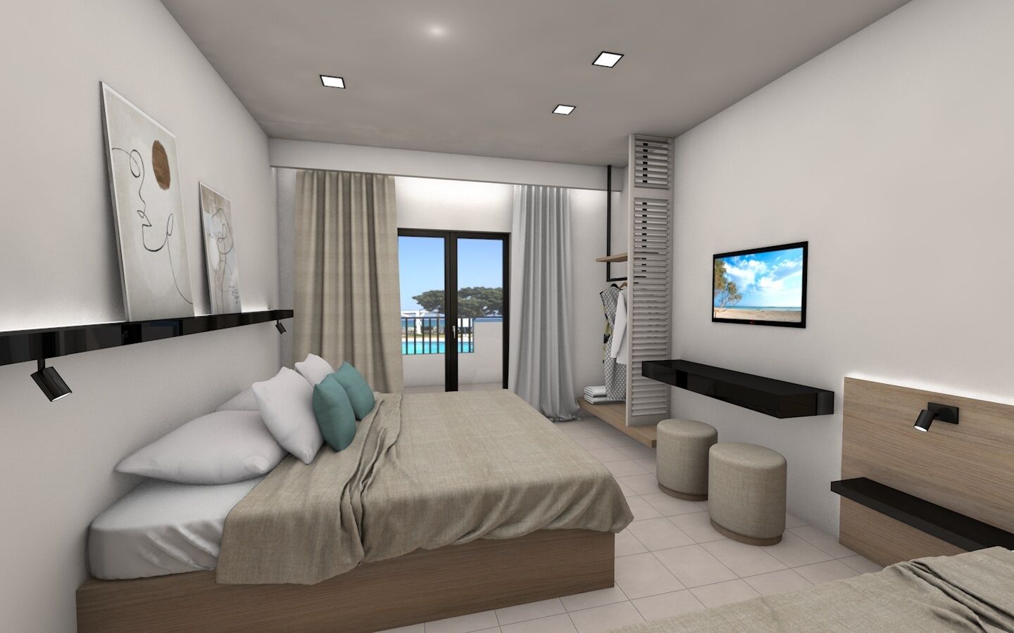 Una habitación de hotel moderna con cama, mesitas de noche, televisor, balcón con vista a la piscina y obras de arte en las paredes.