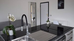 Un baño moderno con encimera negra, lavabo, espejo y planta en maceta.