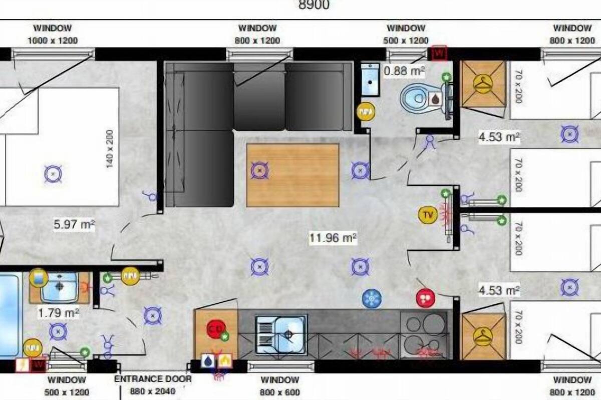 Plano de distribución de un hotel con diversas habitaciones, incluyendo una de 5,97 m², una de 1,79 m² y una de 11,96 m².