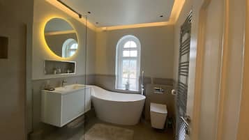 Combined shower/bathtub, hair dryer, towels, soap