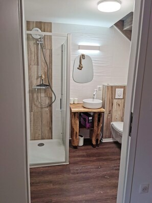 Une salle de bain avec douche, toilettes et lavabo.