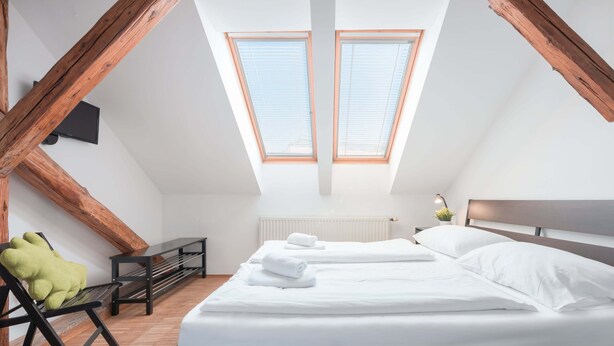 A bedroom with two beds, wooden beams, a skylight, a radiator, and a green chair. - Atik Rooms (Ljubljana)