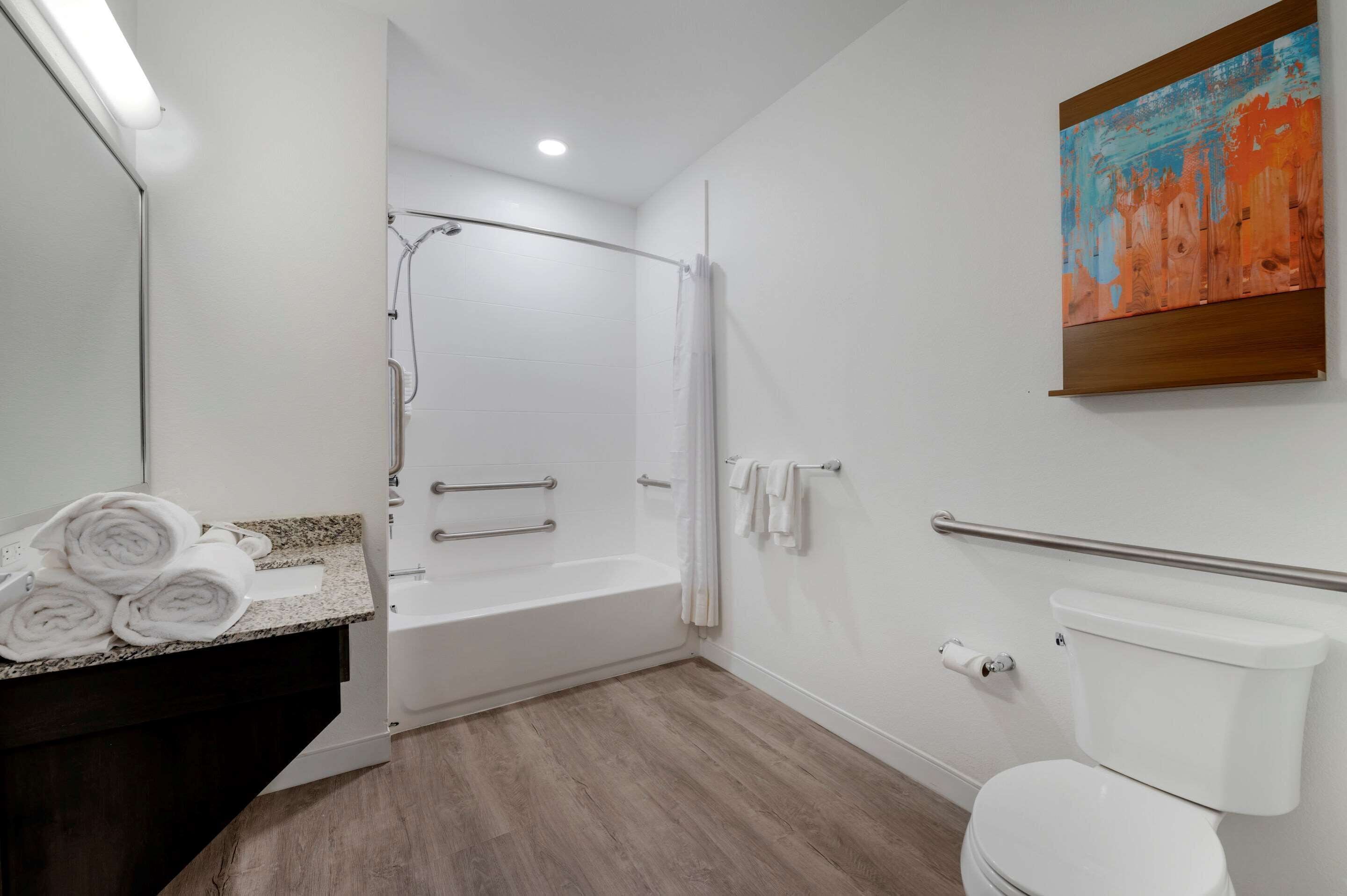 Hair dryer, towels, soap, shampoo