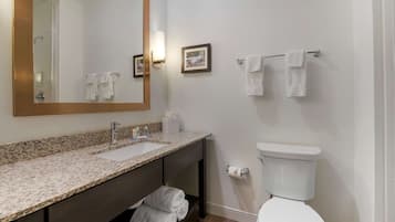 Un baño con lavamanos de encimera de granito, un espejo grande, un inodoro y un perchero para toallas.