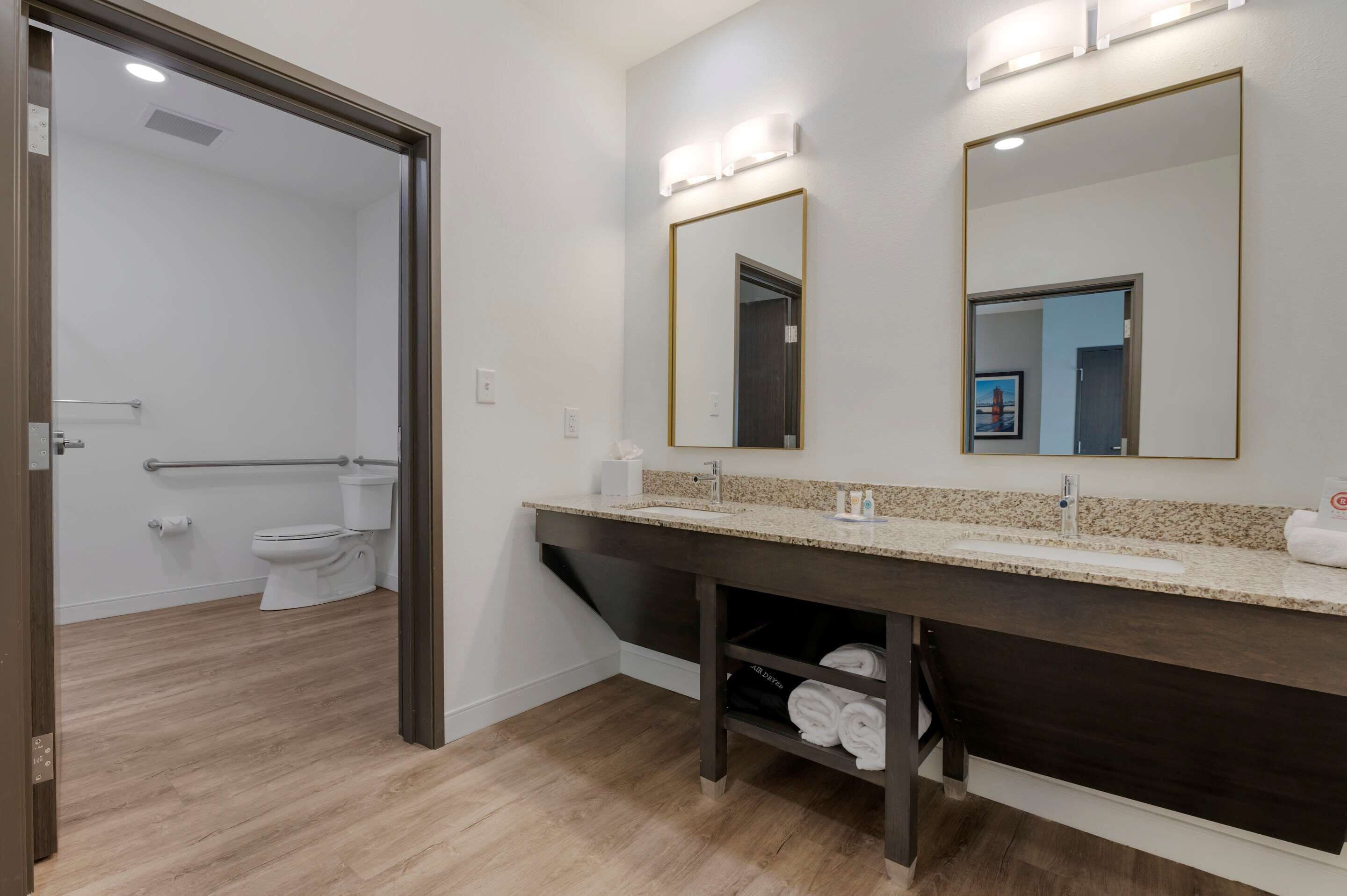 room, 2 queen beds, accessible, non smoking | bathroom | hair dryer, towels, soap, shampoo