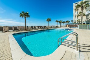 Relax by the pool surrounded by palm trees and sun loungers.
