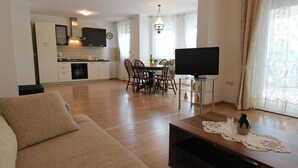 Un salon avec un canapé, une table basse et un téléviseur posé sur un meuble. On y trouve également un coin repas avec une table et des chaises. La cuisine est visible au fond, avec des placards et une cuisinière.