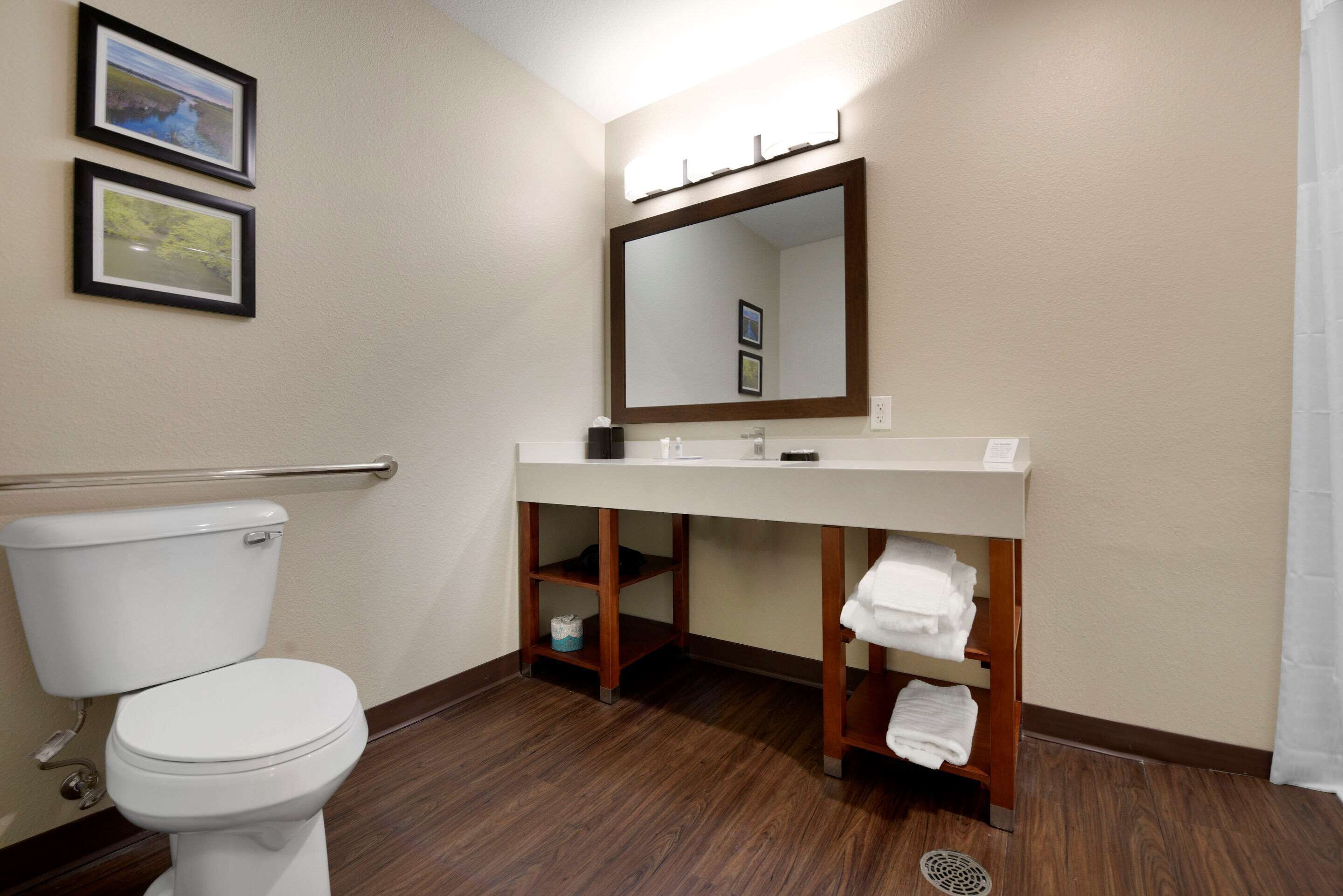 A bathroom with a toilet, a sink with a mirror above it, and shelves with towels.