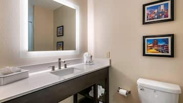 A bathroom with a double sink, a large mirror, two framed pictures, a toilet, and a towel rack.