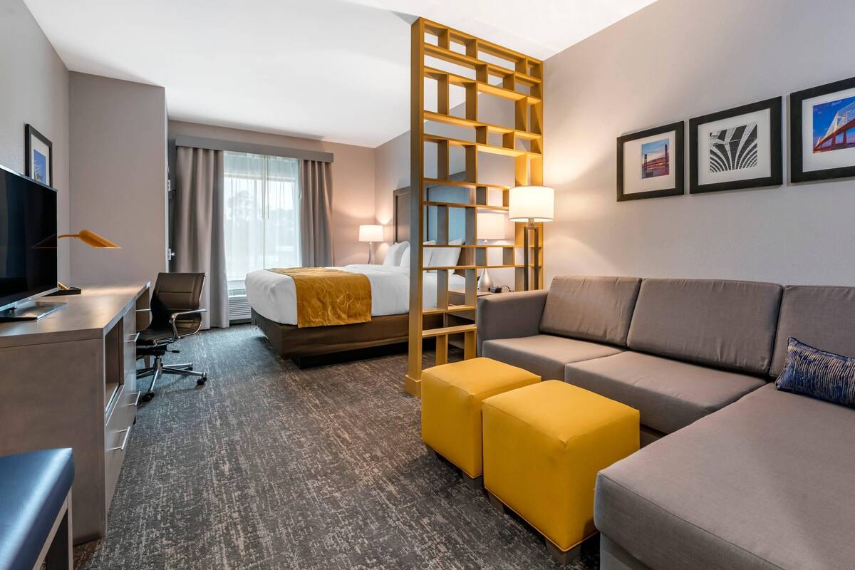 Habitación de hotel con cama, sofá, escritorio, televisor, lámpara de escritorio, silla y un separador decorativo.