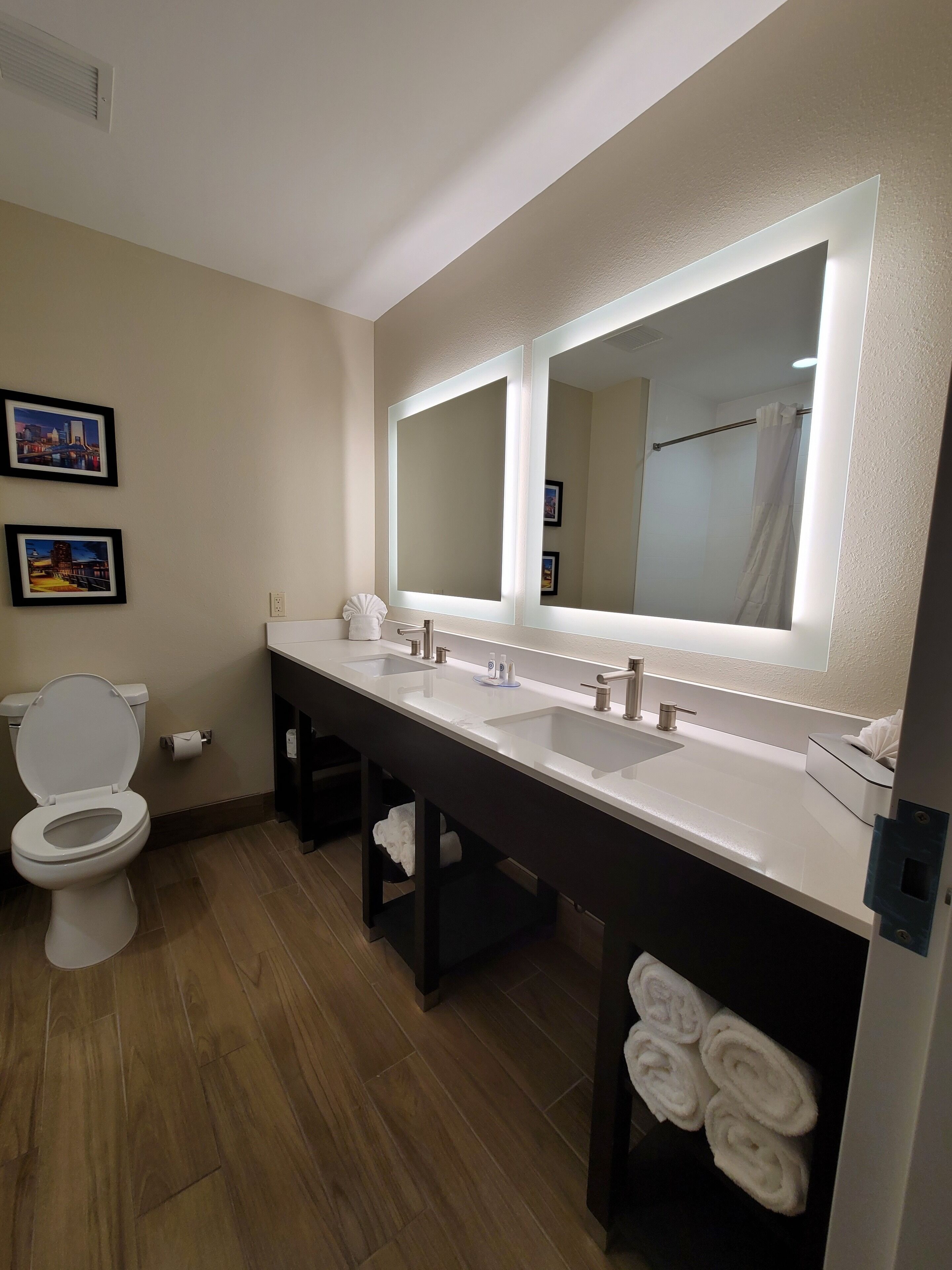 combined shower/bathtub, free toiletries, hair dryer, towels