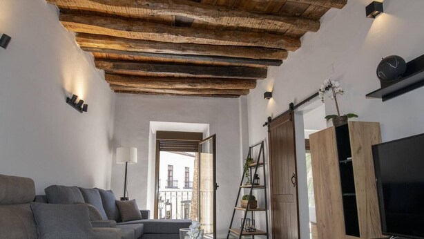 Un salon moderne avec un plafond en bois, un canapé gris, un meuble pour la télévision et une plante.