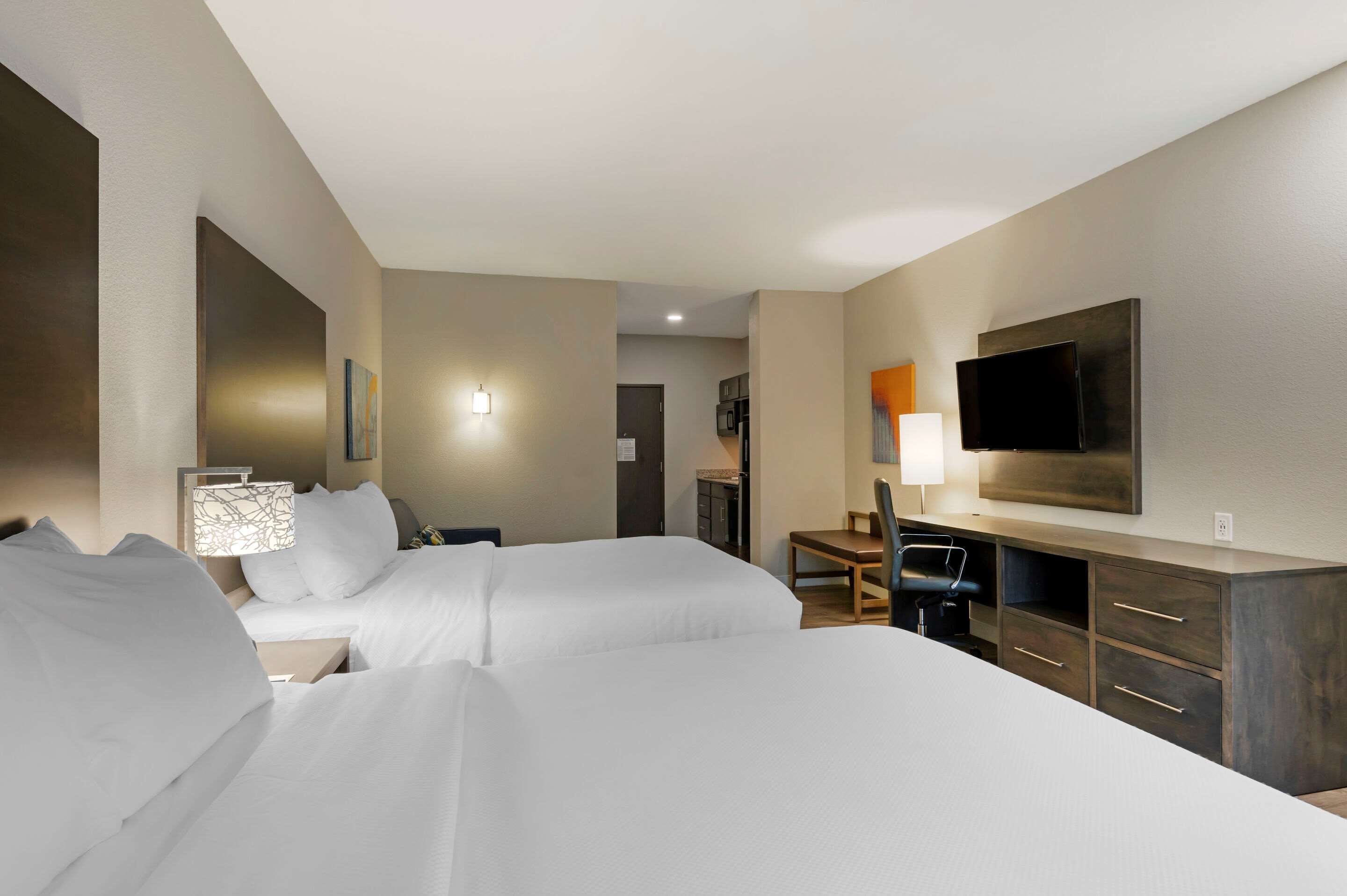 desk, laptop workspace, blackout curtains, iron/ironing board