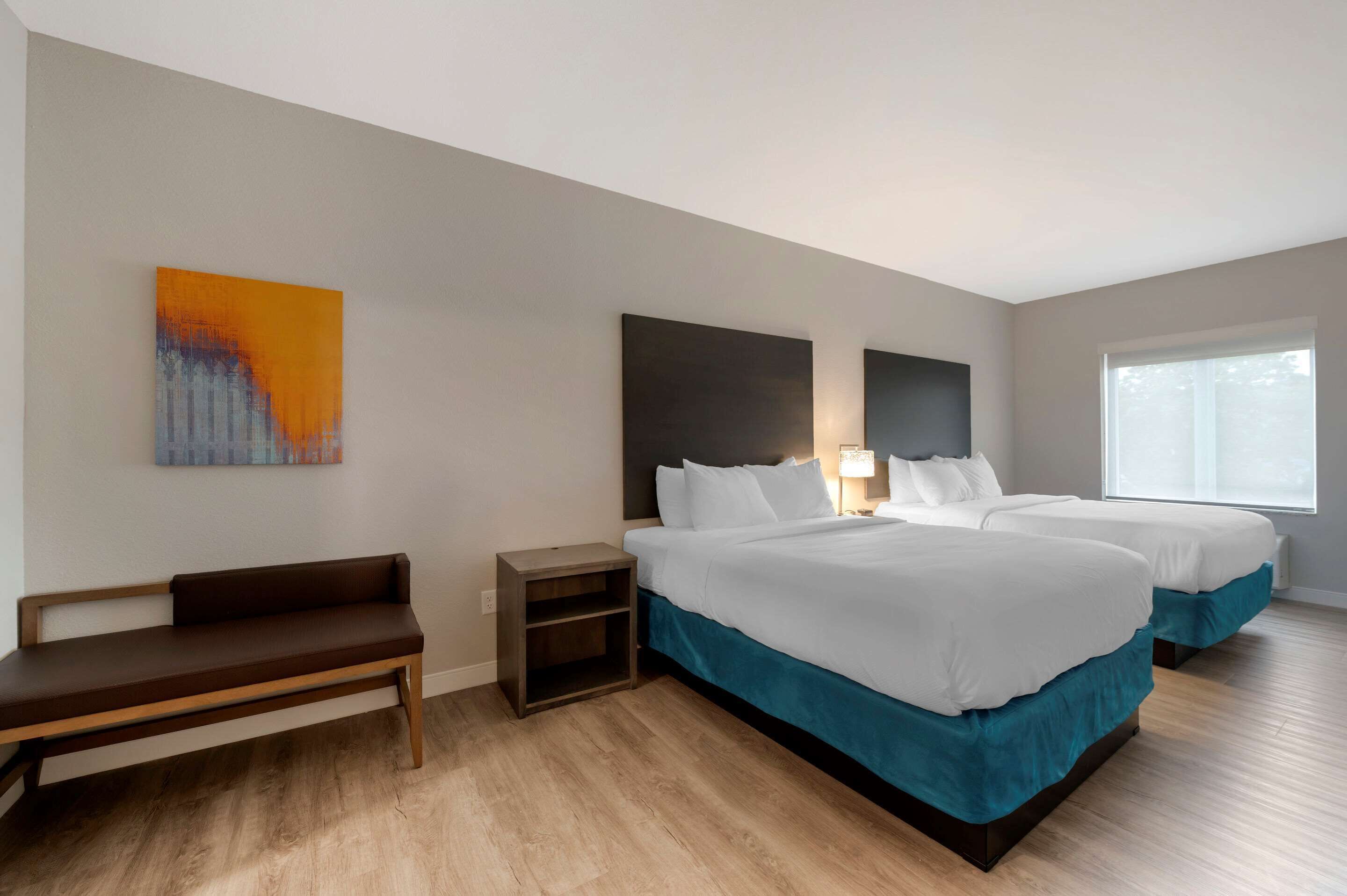 desk, laptop workspace, blackout curtains, iron/ironing board