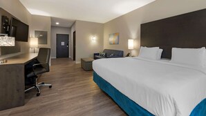 A hotel room with a large bed, a desk with a chair, a sofa, and a TV mounted on the wall. - MainStay Suites Cincinnati University - Uptown (Cincinnati)