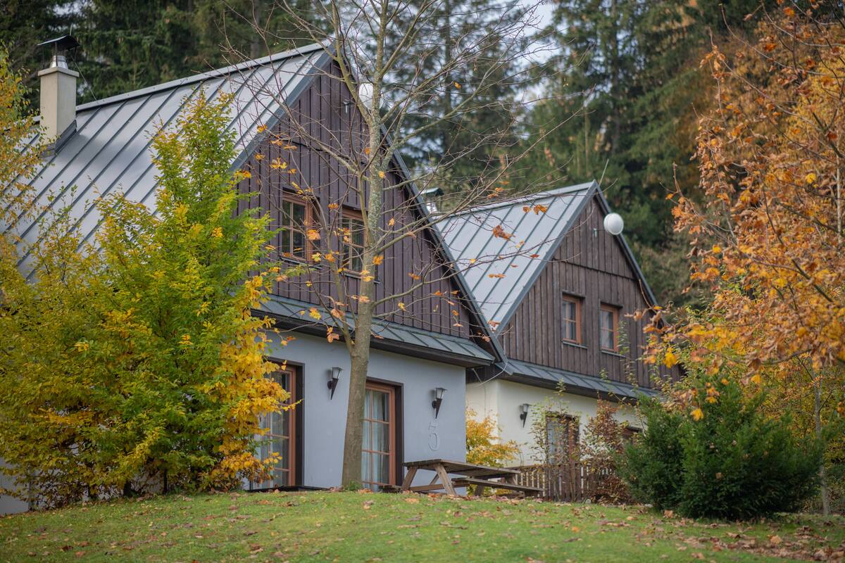 A house with a sloped roof, a chimney, and a small porch.