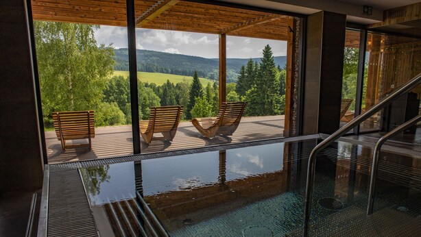 Una piscina interior con sillas de madera y vistas a un paisaje boscoso.
