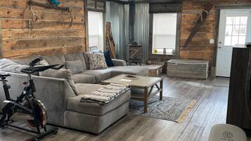 Smart TV, fireplace, DVD player, books