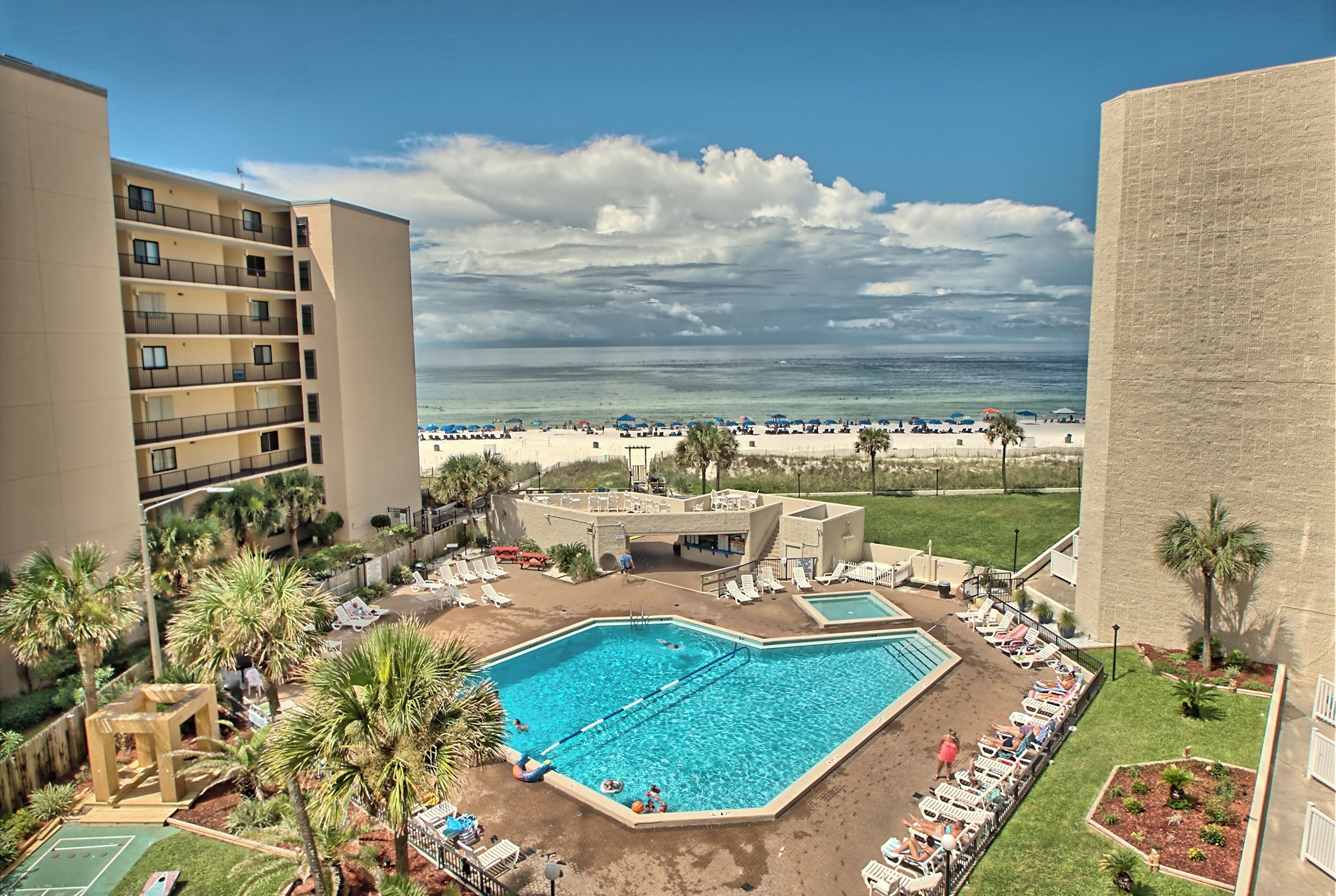 Une piscine d’hôtel avec vue sur la plage et l’océan, entourée de palmiers et de chaises longues.
