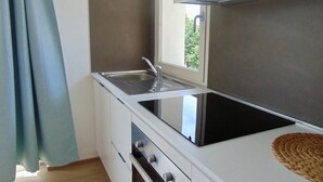 Cozinha compacta com pia de aço inoxidável, fogão embutido e janela com vista para áreas verdes.