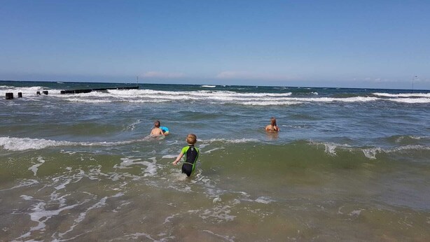 Escena de playa con olas y gente en el agua.