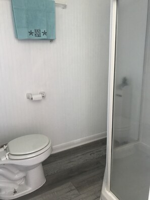 Combined shower/bathtub, hair dryer, towels, soap