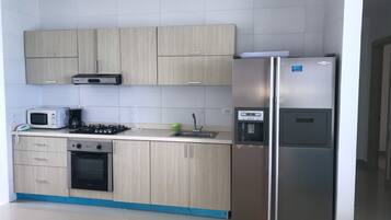Panoramic Apartment | Private kitchen | Fridge, microwave, cookware/dishes/utensils