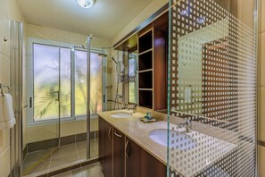 Hair dryer, towels, soap, shampoo