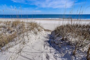 Ein sandiger Strand mit spärlicher Vegetation und freiem Blick auf das Meer.