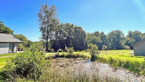 A rural landscape with a house, a pond, and surrounding greenery. - 2 bedroom accommodation in Cwrt Newydd, near Llandysul (Cwrt Newydd, near Llandysul)