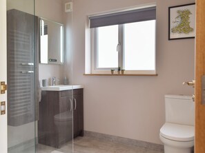 A bathroom with a glass shower enclosure, a white toilet, a sink with a mirror, and a window with a view of the map of Wales.