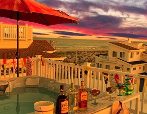 A balcony with a hot tub, a red umbrella, and a view of the beach and ocean at sunset. - 5 BRs w/Gourmet Kitchen & HotTub. Steps to Beach (Beach Haven Crest)
